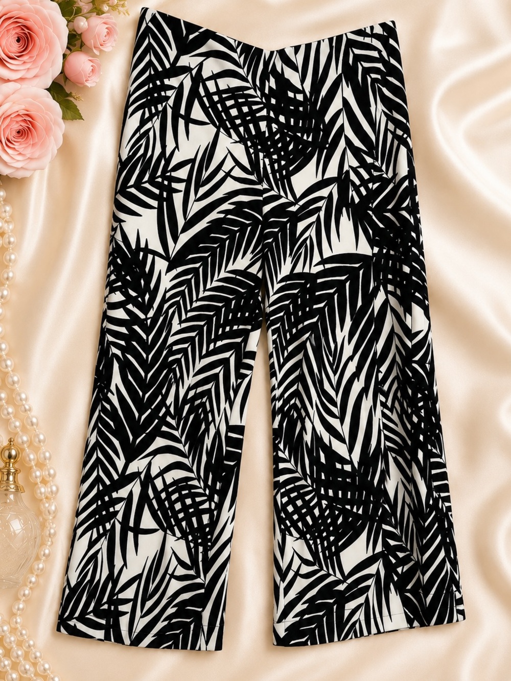 Boston Proper L Black White Tropical Wide Leg Pants NWOT Resort Chic